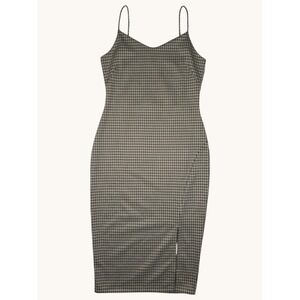 Hailey & Jane Tan Black Grid Check Midi Bodycon Dress Spaghetti Strap Slit L